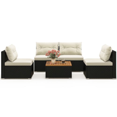 Gymax 5 PCS Rattan Sofa Set Outdoor Wicker Furniture Set w/ Back Cushions & Square Coffee Table