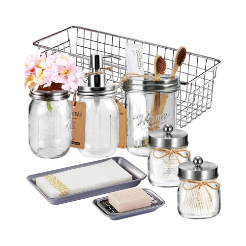 NIERBO  Mason Jar Bathroom Accessories Set 8 Pieces for Bathroom, Kitche, Vintage Farmhouse Decor (Brushed Nickel)
