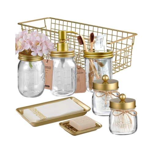 NIERBO  Mason Jar Bathroom Accessories Set 8 Pieces for Bathroom, Kitche, Vintage Farmhouse Decor (Brushed Gold)