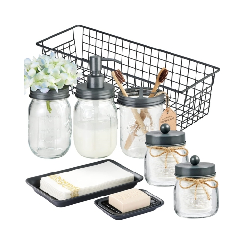 NIERBO  Mason Jar Bathroom Accessories Set 8 Pieces for Bathroom, Kitche, Vintage Farmhouse Decor (Gray)