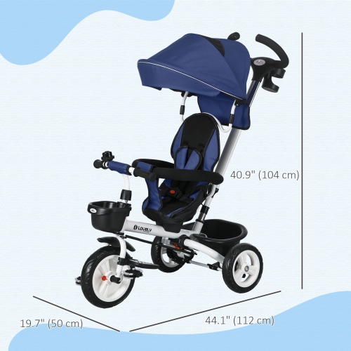 Qaba Toddler Tricycle, 6 in 1 Stroller Bike with Parent Push Handle, Canopy, Storage Baskets, Cupholder, Safety Guardrail and 5-Point Safety Belt,