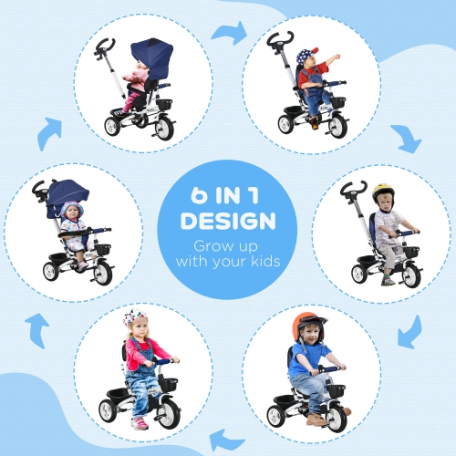 Qaba Toddler Tricycle, 6 in 1 Stroller Bike with Parent Push Handle, Canopy, Storage Baskets, Cupholder, Safety Guardrail and 5-Point Safety Belt,