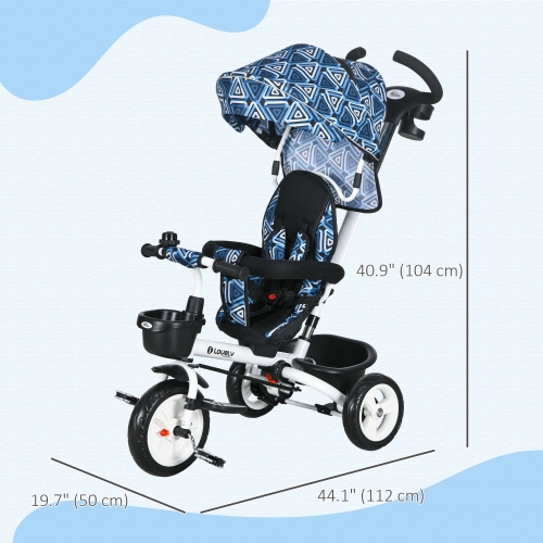 Qaba Toddler Tricycle, 6 in 1 Stroller Bike with Parent Push Handle, Canopy, Storage Baskets, Cupholder, Safety Guardrail and 5-Point Safety Belt,