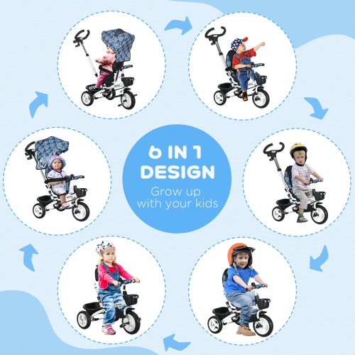 Qaba Toddler Tricycle, 6 in 1 Stroller Bike with Parent Push Handle, Canopy, Storage Baskets, Cupholder, Safety Guardrail and 5-Point Safety Belt,
