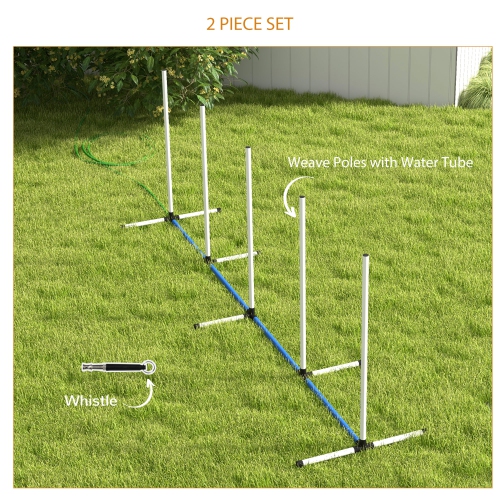 PawHut 2PCs Dog Agility Equipment Set, Dog Agility Kit with Weave Poles, Spray Water Tube, Whistle, Carry Bag, for Outdoor, Backyard, Garden, White