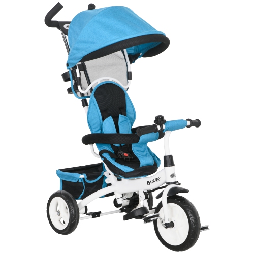 Qaba Toddler Tricycle, 6 in 1 Baby Bike Stroller with Foldable Canopy, Storage Basket, 5-point Safety Harness, Kids Trike for 1-5 Years Old, Blue