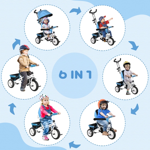 Qaba Toddler Tricycle, 6 in 1 Baby Bike Stroller with Foldable Canopy, Storage Basket, 5-point Safety Harness, Kids Trike for 1-5 Years Old, Blue