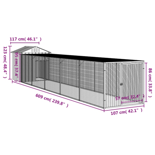 vidaXL Chicken Cage with Run Light Grey 117x609x123 cm Galvanised Steel