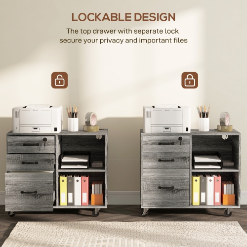 HOMCOM 3 Drawer Lateral Filing Cabinet with Charging Station and USB Ports, Mobile Printer Stand with Open Storage Shelf, Locking File Cabinet for