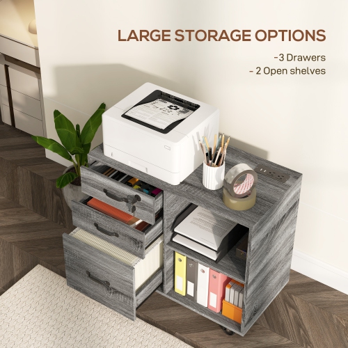 HOMCOM 3 Drawer Lateral Filing Cabinet with Charging Station and USB Ports, Mobile Printer Stand with Open Storage Shelf, Locking File Cabinet for