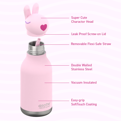 Bouteille d'eau isotherme pour enfants avec tête d'animal douce amovible de 16 oz d'Asobu Bestie