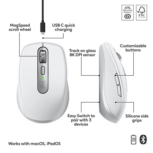 Souris compacte sans fil Darkfield MX Anywhere 3S de Logitech pour Mac - Gris pâle - Exclusivité de Best Buy