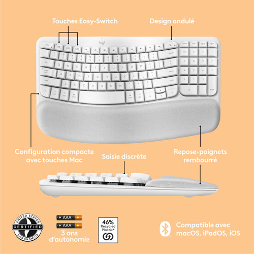 Clavier ergonomique pleine grandeur sans fil Wave Keys de Logitech pour Mac - Blanc cassé