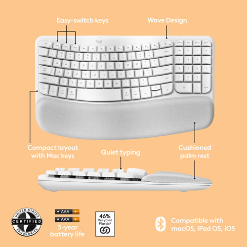 Clavier ergonomique pleine grandeur sans fil Wave Keys de Logitech pour Mac - Blanc cassé