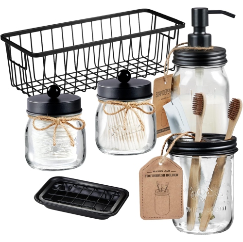 NIERBO Black 6 Pieces Premium Mason Jar Bathroom Accessories Set - Rustic Farmhouse Decor, for Bathroom, Kitchen