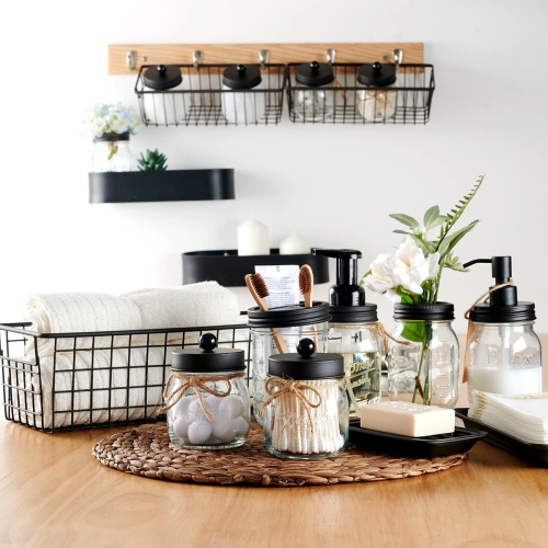 NIERBO Black 6 Pieces Premium Mason Jar Bathroom Accessories Set - Rustic Farmhouse Decor, for Bathroom, Kitchen