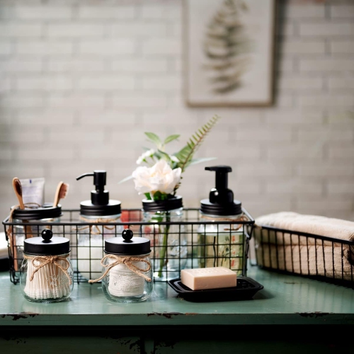 NIERBO Black 6 Pieces Premium Mason Jar Bathroom Accessories Set - Rustic Farmhouse Decor, for Bathroom, Kitchen