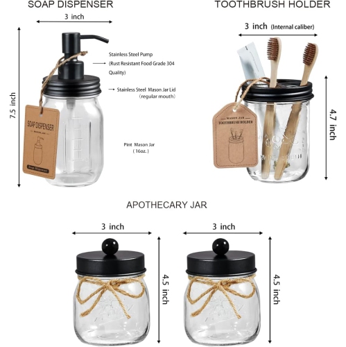 NIERBO Black 6 Pieces Premium Mason Jar Bathroom Accessories Set - Rustic Farmhouse Decor, for Bathroom, Kitchen
