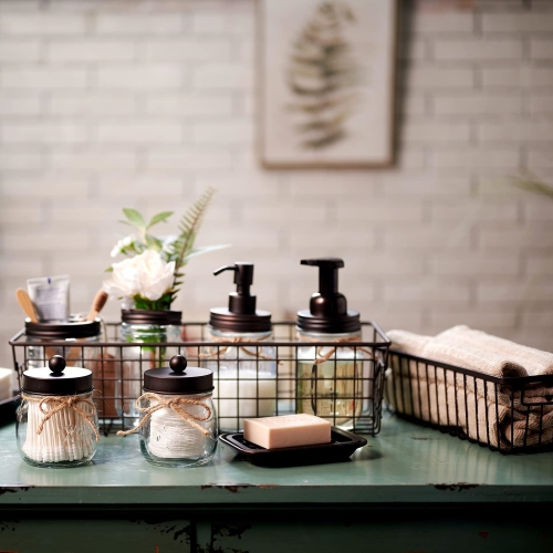 NIERBO Bronze 6 Pieces Premium Mason Jar Bathroom Accessories Set - Rustic Farmhouse Decor, for Bathroom, Kitchen