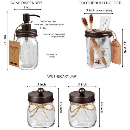 NIERBO Bronze 6 Pieces Premium Mason Jar Bathroom Accessories Set - Rustic Farmhouse Decor, for Bathroom, Kitchen