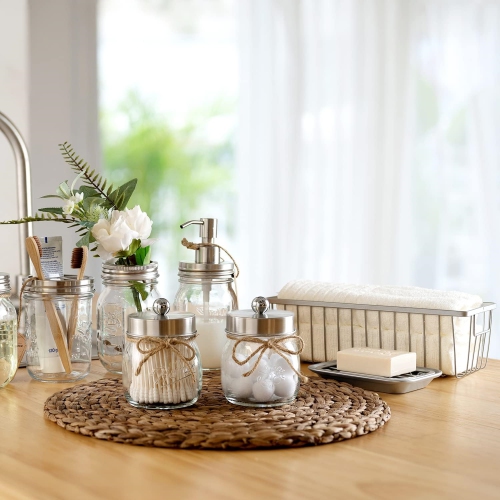 NIERBO Brushed Nickel 6 Pieces Premium Mason Jar Bathroom Accessories Set - Rustic Farmhouse Decor, for Bathroom, Kitchen