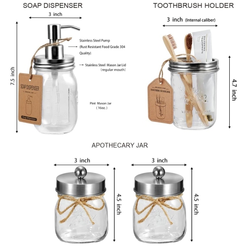 NIERBO Brushed Nickel 6 Pieces Premium Mason Jar Bathroom Accessories Set - Rustic Farmhouse Decor, for Bathroom, Kitchen