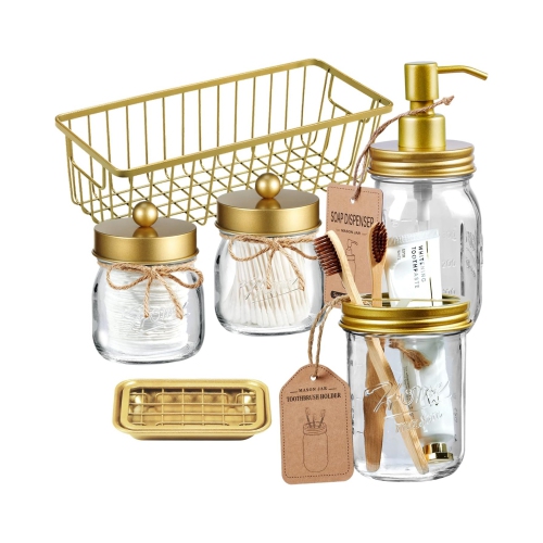 NIERBO Brushed Gold 6 Pieces Premium Mason Jar Bathroom Accessories Set - Rustic Farmhouse Decor, for Bathroom, Kitchen
