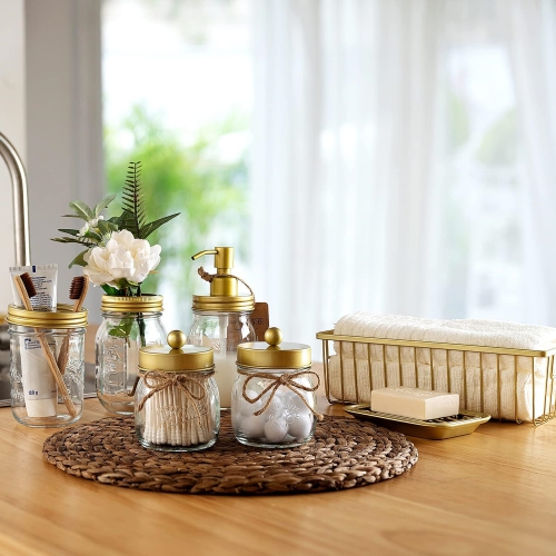 NIERBO Brushed Gold 6 Pieces Premium Mason Jar Bathroom Accessories Set - Rustic Farmhouse Decor, for Bathroom, Kitchen