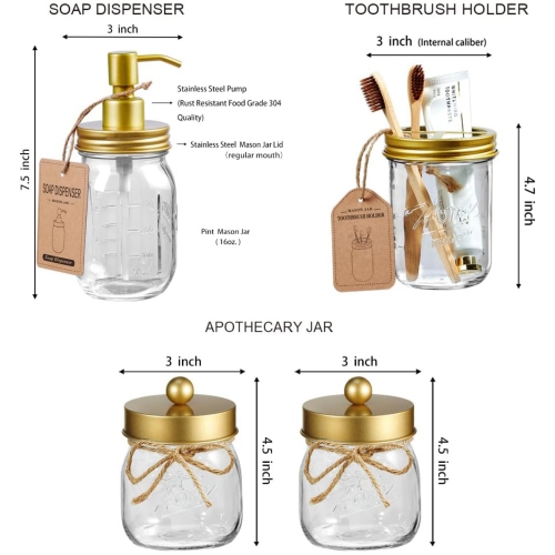 NIERBO Brushed Gold 6 Pieces Premium Mason Jar Bathroom Accessories Set - Rustic Farmhouse Decor, for Bathroom, Kitchen