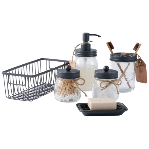 NIERBO Gray 6 Pieces Premium Mason Jar Bathroom Accessories Set - Rustic Farmhouse Decor, for Bathroom, Kitchen