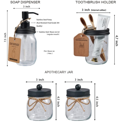 NIERBO Gray 6 Pieces Premium Mason Jar Bathroom Accessories Set - Rustic Farmhouse Decor, for Bathroom, Kitchen