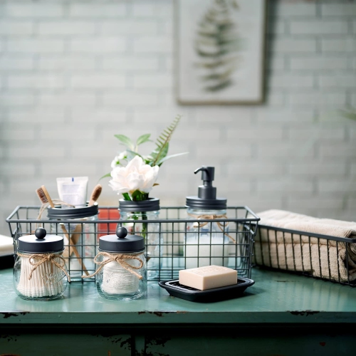 NIERBO Gray 6 Pieces Premium Mason Jar Bathroom Accessories Set - Rustic Farmhouse Decor, for Bathroom, Kitchen