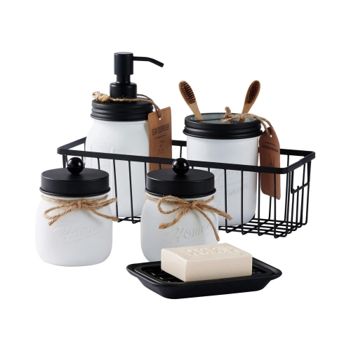 NIERBO White & Black 6 Pieces Premium Mason Jar Bathroom Accessories Set - Rustic Farmhouse Decor, for Bathroom, Kitchen