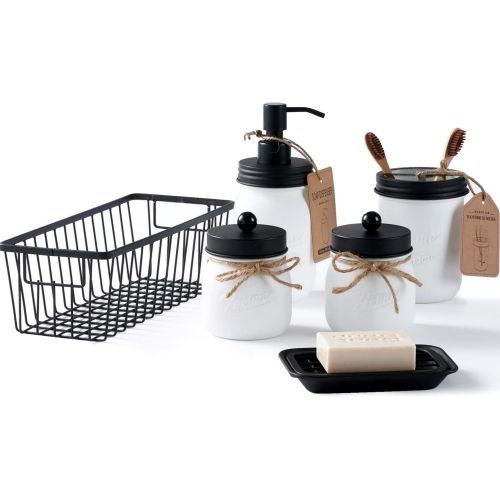 NIERBO White & Black 6 Pieces Premium Mason Jar Bathroom Accessories Set - Rustic Farmhouse Decor, for Bathroom, Kitchen