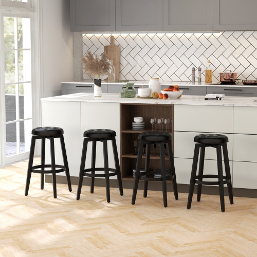 Costway 30" Swivel Bar Stool Set of 2 Upholstered Bar Height Rubber Wood Frame Black