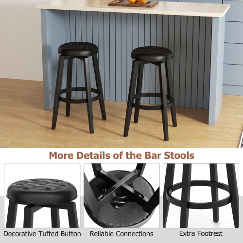 Costway 30" Swivel Bar Stool Set of 2 Upholstered Bar Height Rubber Wood Frame Black