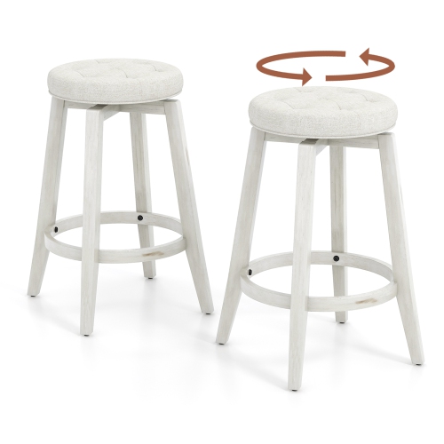 Costway 26" Swivel Bar Stool Set of 2 Upholstered Counter Height Rubber Wood Frame Beige