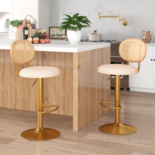 Costway Height-adjustable Bar Stool Set of 2 Swivel Bar Chairs with PE Rattan Backrest
