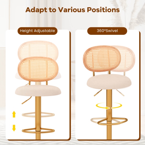 Costway Height-adjustable Bar Stool Set of 2 Swivel Bar Chairs with PE Rattan Backrest