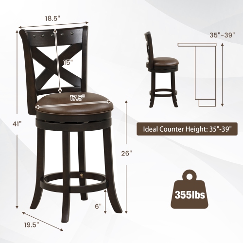 Costway 26" Swivel Bar Stool 1PC Counter Height PU Leather Seat Rubber Wood Legs Footrest