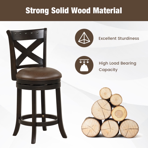 Costway 26" Swivel Bar Stool 1PC Counter Height PU Leather Seat Rubber Wood Legs Footrest