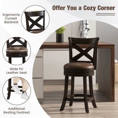 Costway 26" Swivel Bar Stool 1PC Counter Height PU Leather Seat Rubber Wood Legs Footrest