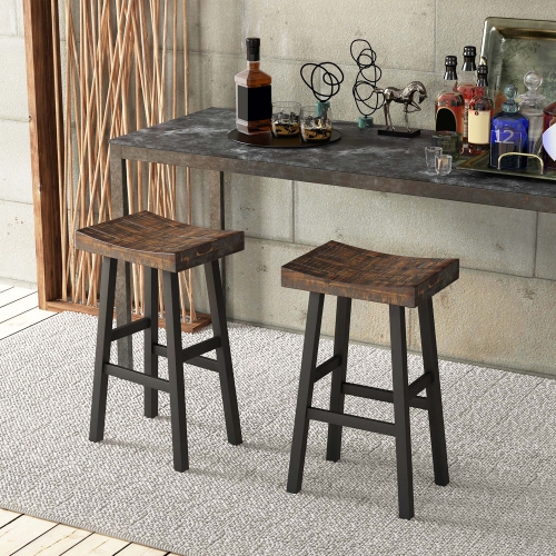 Costway 29" Bar Stool Set of 2 Bar Height Solid Wood Curved Saddle Seat Footrest