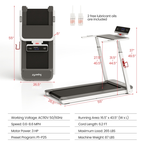 Superfit 3HP Running Machine Folding Treadmill Adjustable Height APP Control Table Board