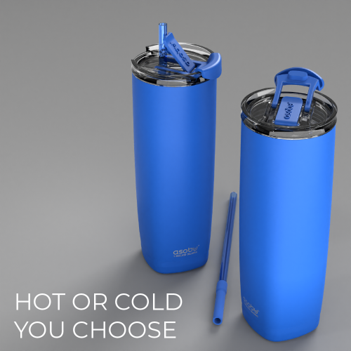 Bouteille d'eau isotherme en acier inoxydable Aqualina d'Asobu avec couvercle interchangeable pour le chaud et le froid et paille intégrée