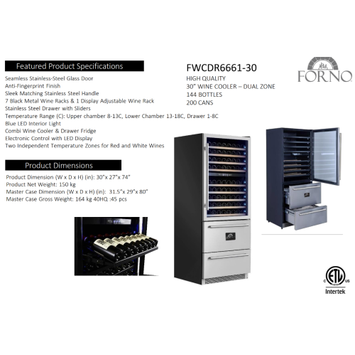Forno Capraia 30" Dual Temperature Zone Wine Cooler with two Refrigerator Drawers