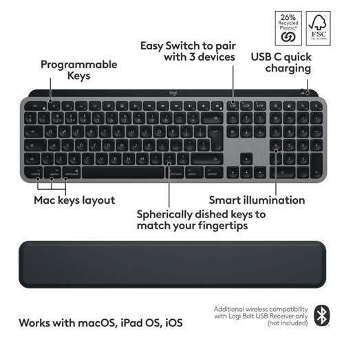 Ensemble Bluetooth MX Keys S de Logitech pour Mac/iPad - Gris cosmique