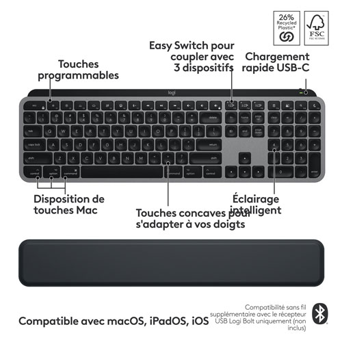 Ensemble Bluetooth MX Keys S de Logitech pour Mac/iPad - Gris cosmique