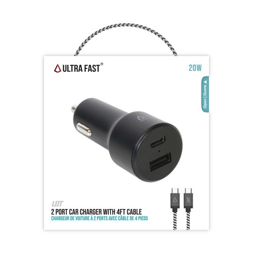 LBT Ultra Fast 20W Dual-port Car Charger + 4 foot USB-C to C Braided Cable