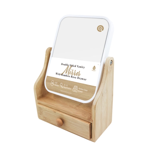 Pursonic Dual-Sided Vanity Mirror with Natural Wood Drawer Base